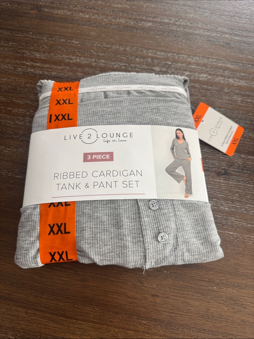 Live 2 Lounge 3 Piece Ribbed Cardigan Tank & Pant Set - Gray (XXL)